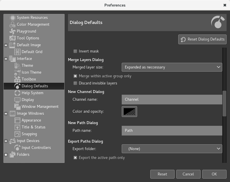 Dialog Defaults preferences page in GIMP 2.9.5